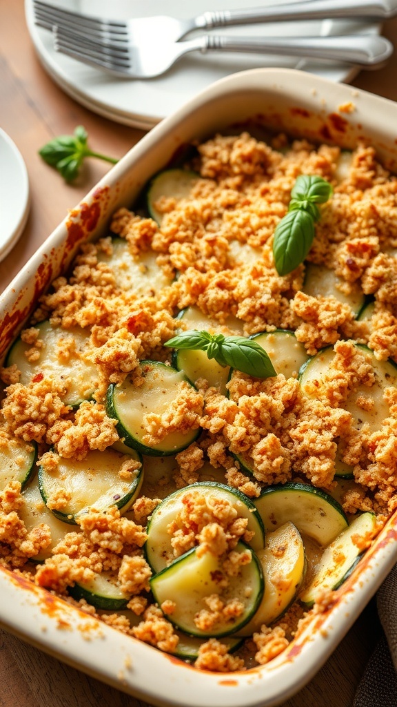 A golden-brown zucchini casserole with cheese and breadcrumbs, garnished with basil, on a rustic table.